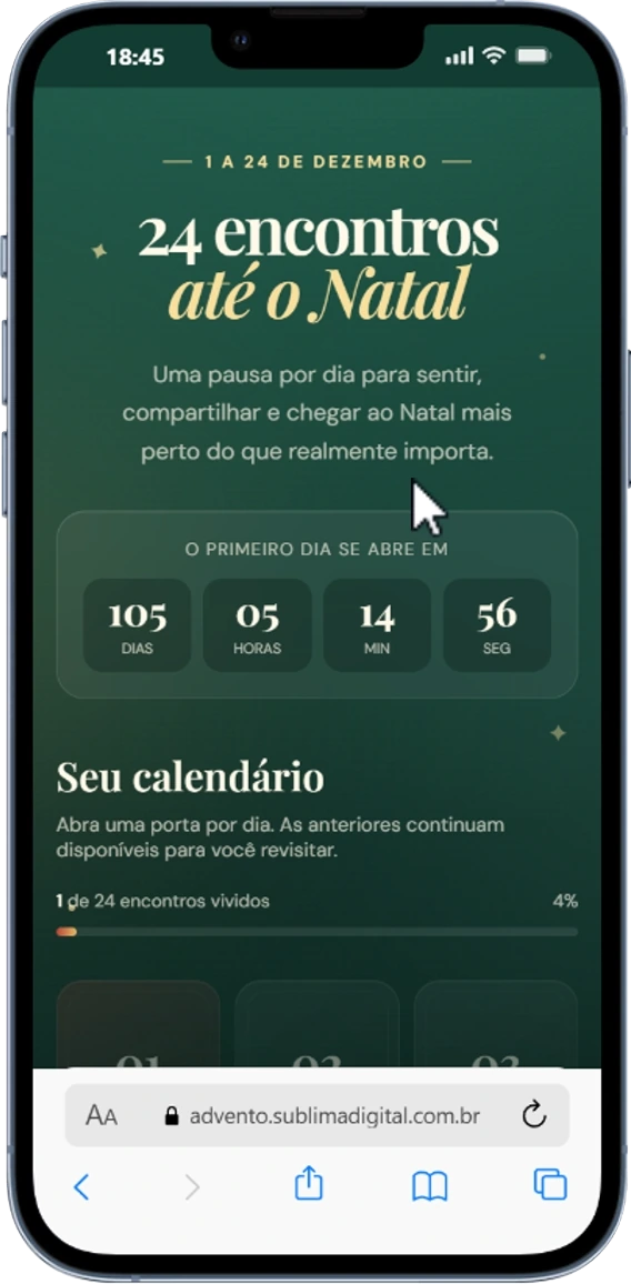 Tela real com contagem regressiva para a abertura do primeiro dia e início do calendário