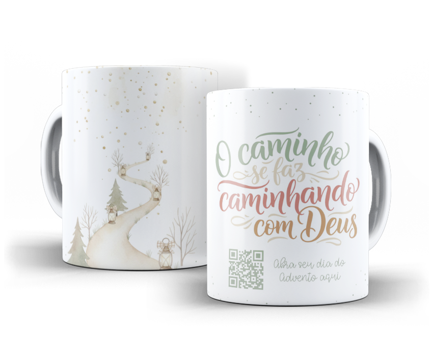 Caneca da coleção com a frase O caminho se faz caminhando com Deus e QR Code