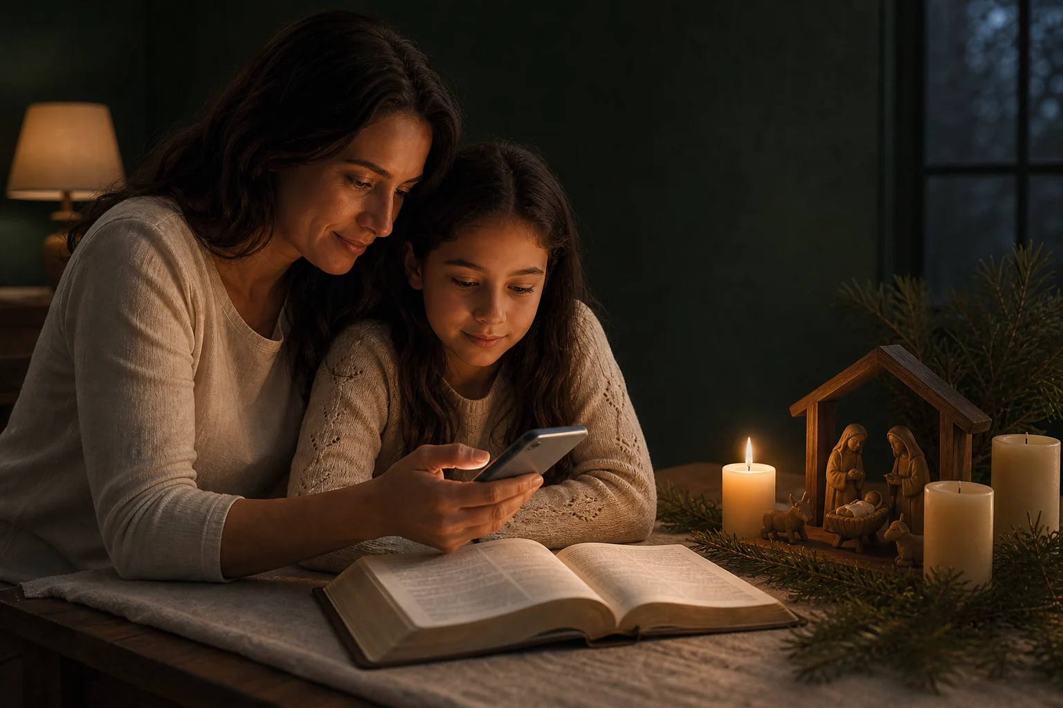 Mãe e filha compartilham um momento de leitura no celular ao lado da Bíblia, de velas e de um presépio