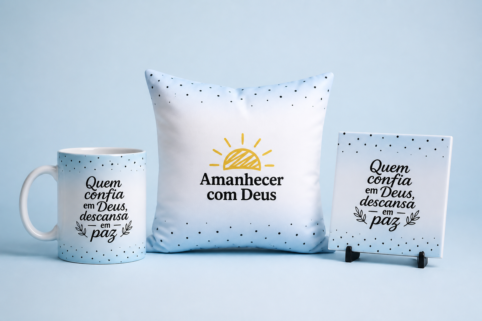 Arte de Paz aplicada em caneca, almofada e azulejo