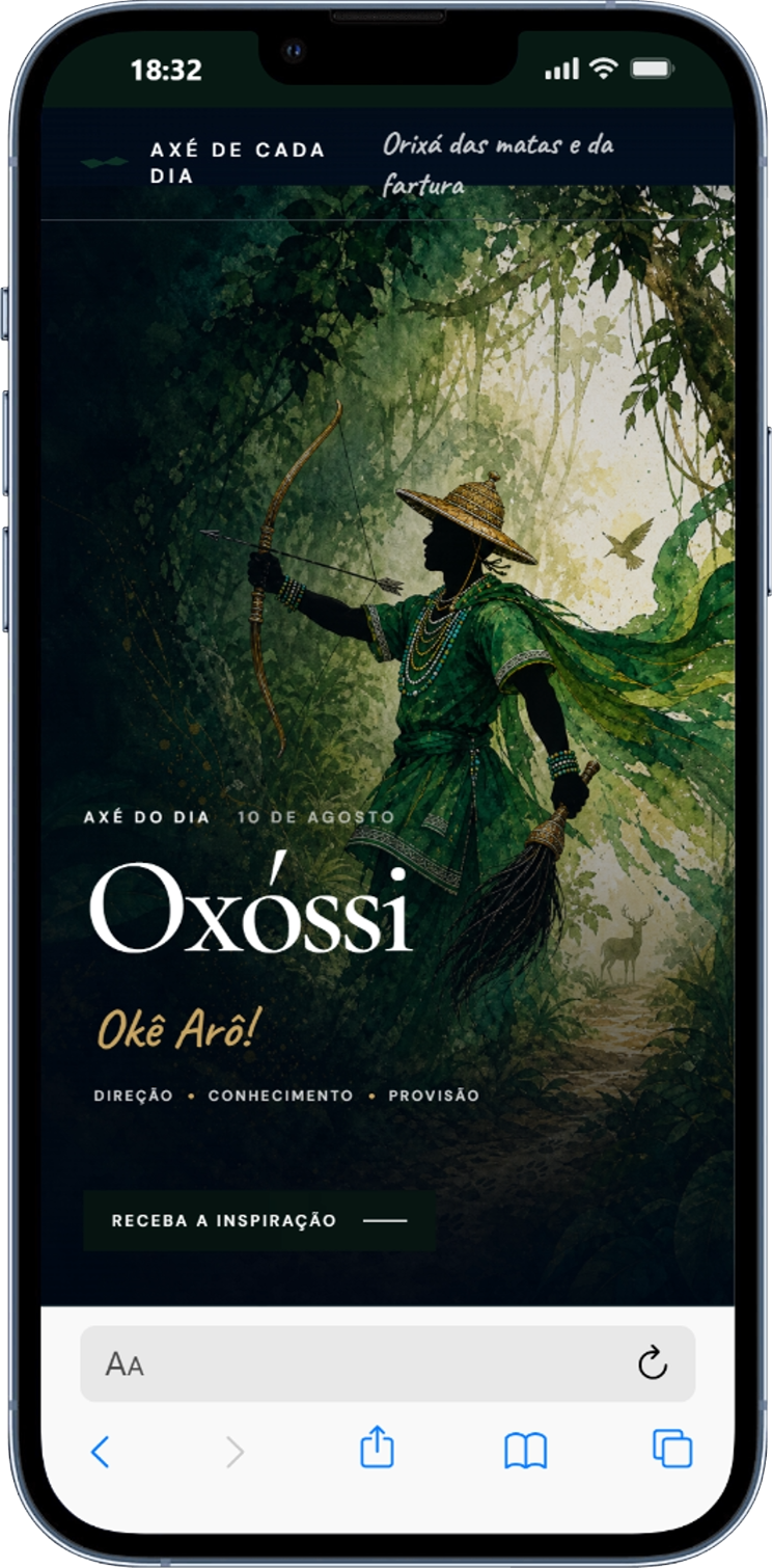 Página de Oxóssi aberta no celular com o Axé do dia