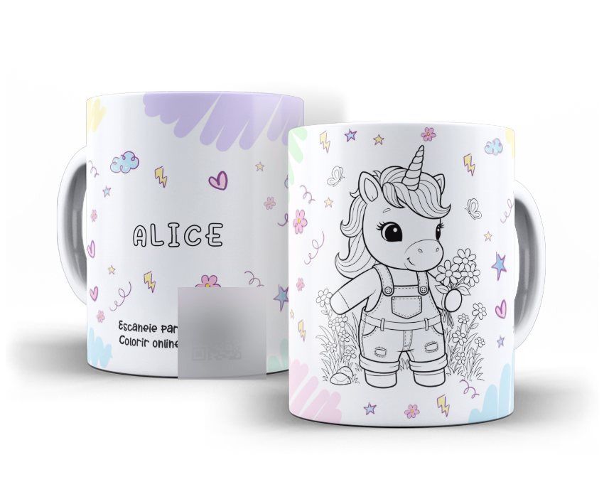 Caneca para colorir com tema Unicórnios