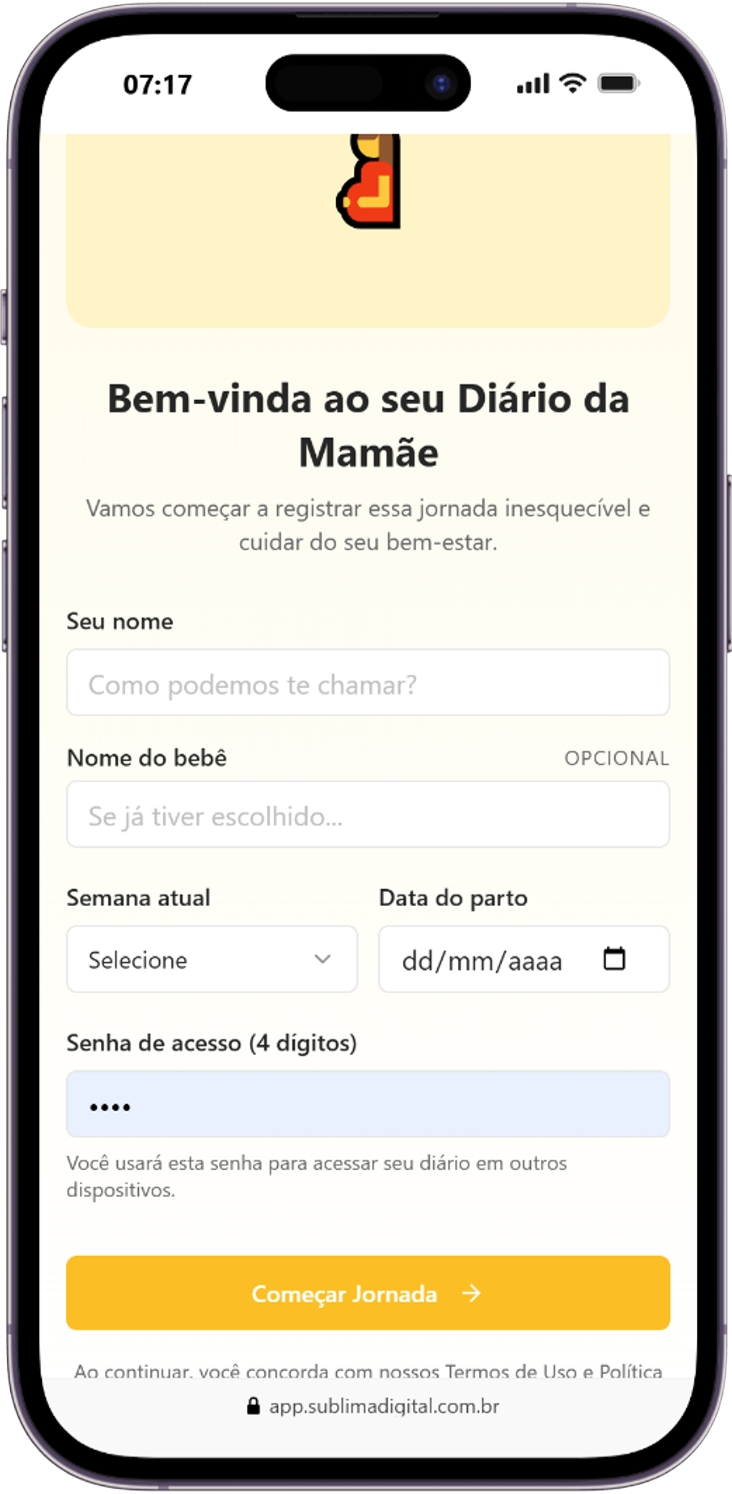 Tela real de boas-vindas e configuração inicial do Diário da Mamãe