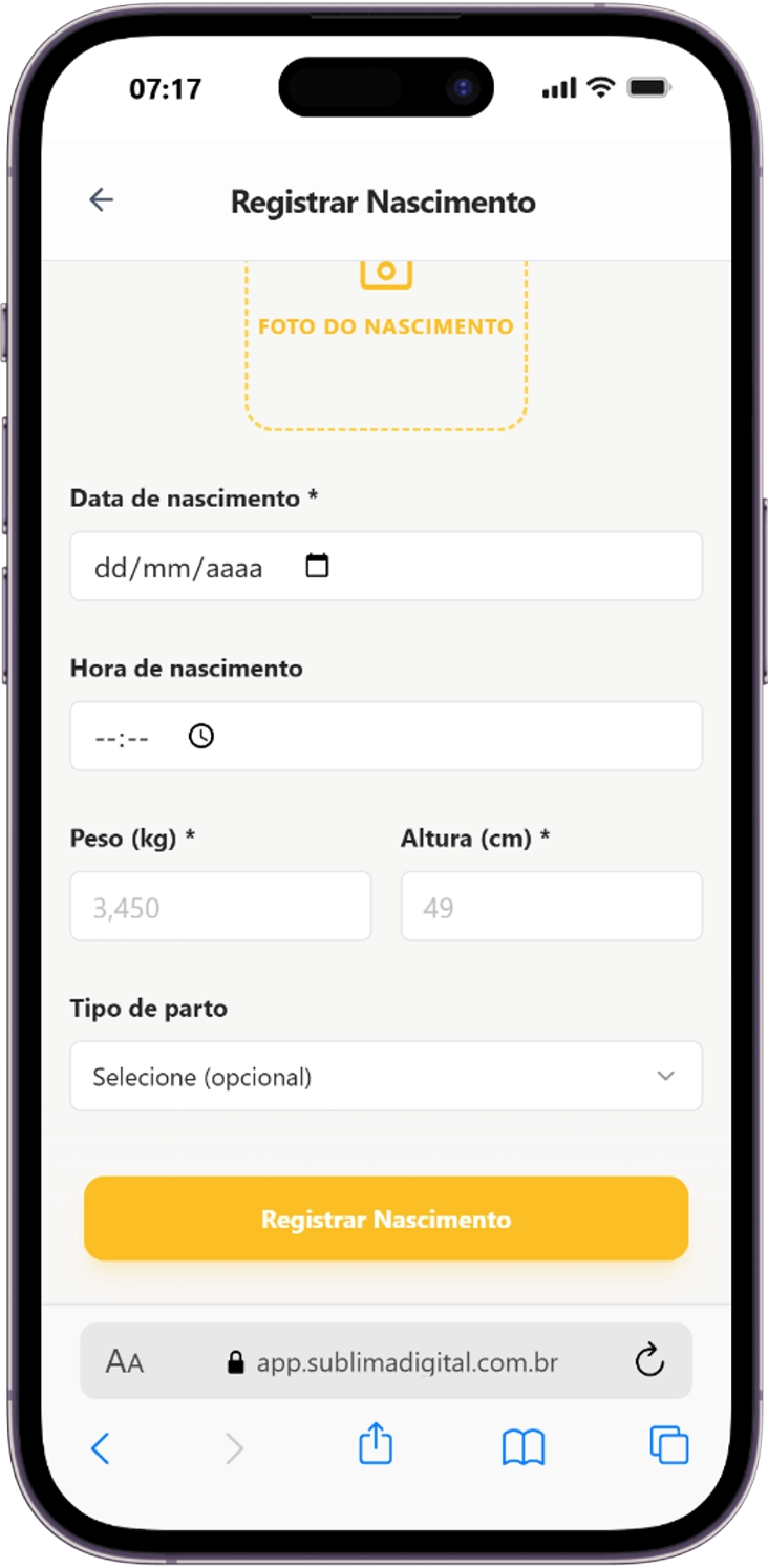 Tela real para registrar a foto, a data e os dados do nascimento do bebê