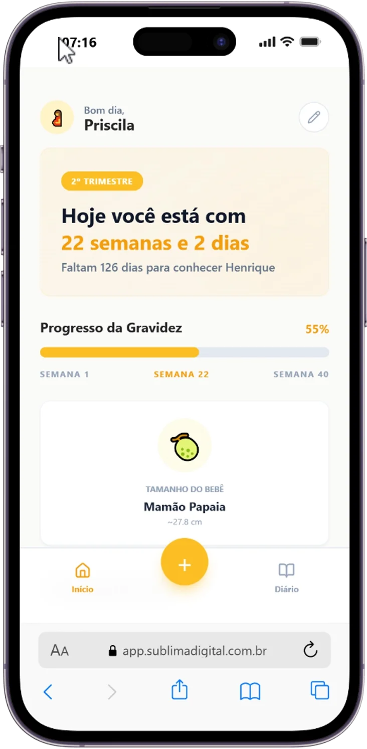 Tela real do acompanhamento da gravidez com semana atual, progresso e tamanho do bebê