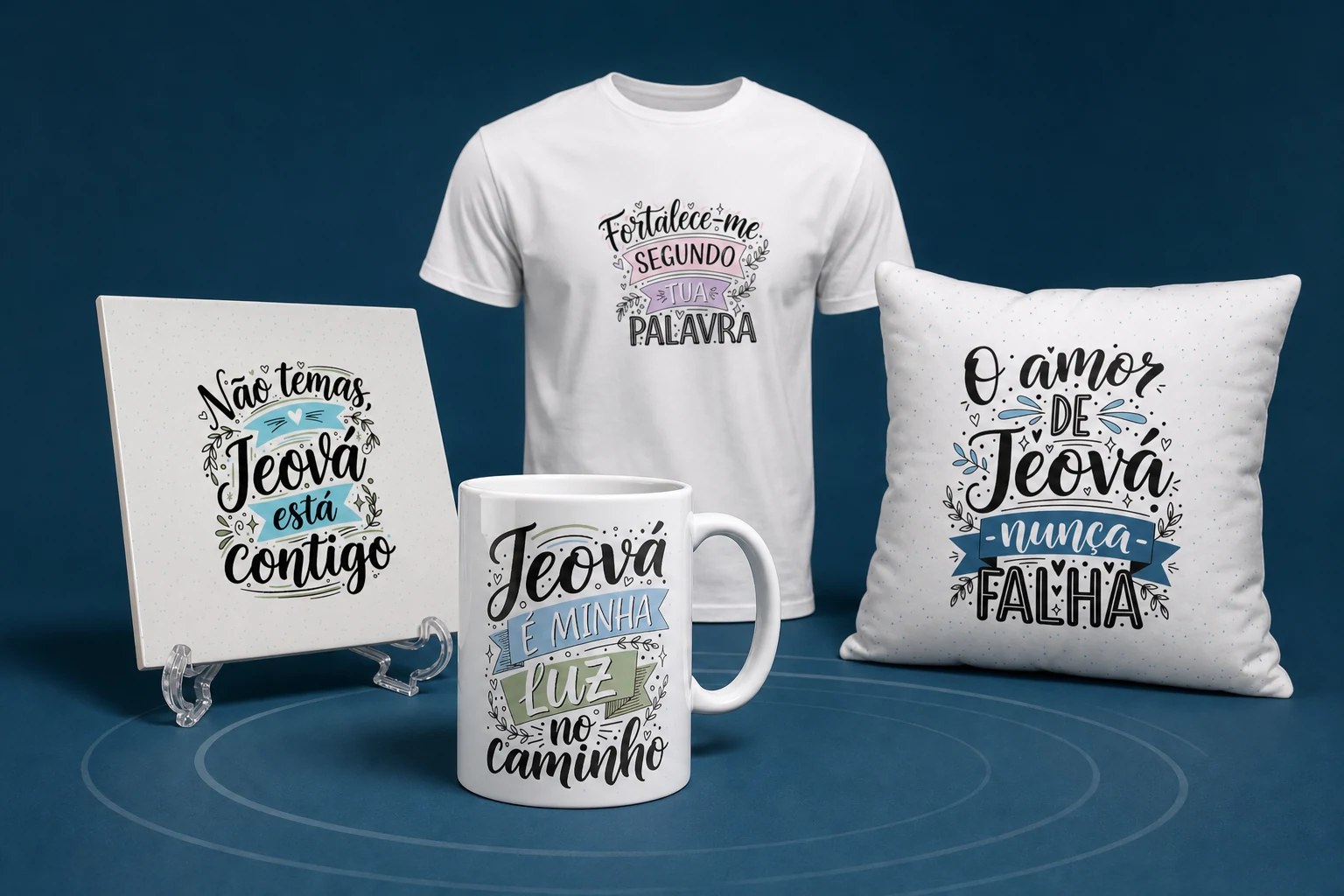 Caneca, camiseta, azulejo e almofada com artes da coleção Jeová Todo Dia