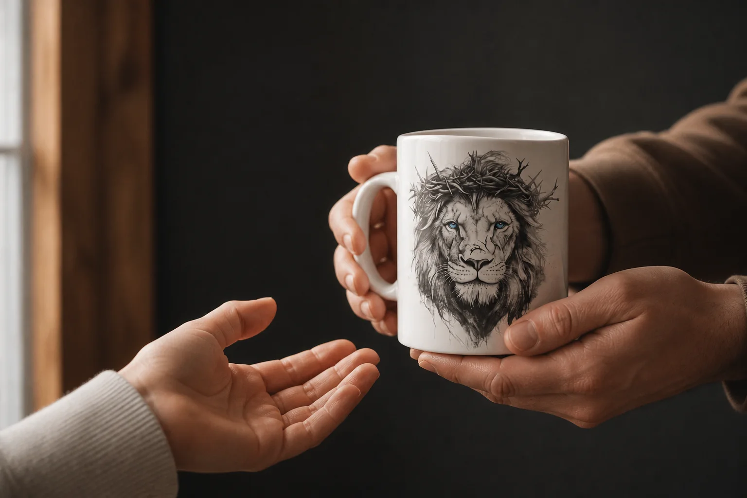 Mockup ilustrativo de mãos oferecendo uma caneca com arte do Leão de Judá