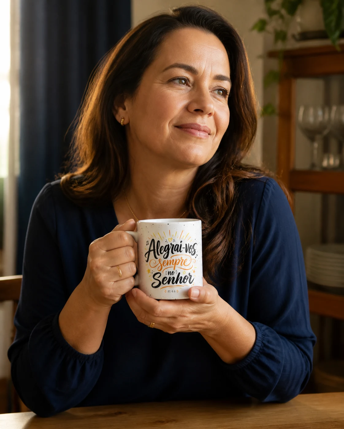 Mulher segurando a caneca Alegrai-vos sempre no Senhor