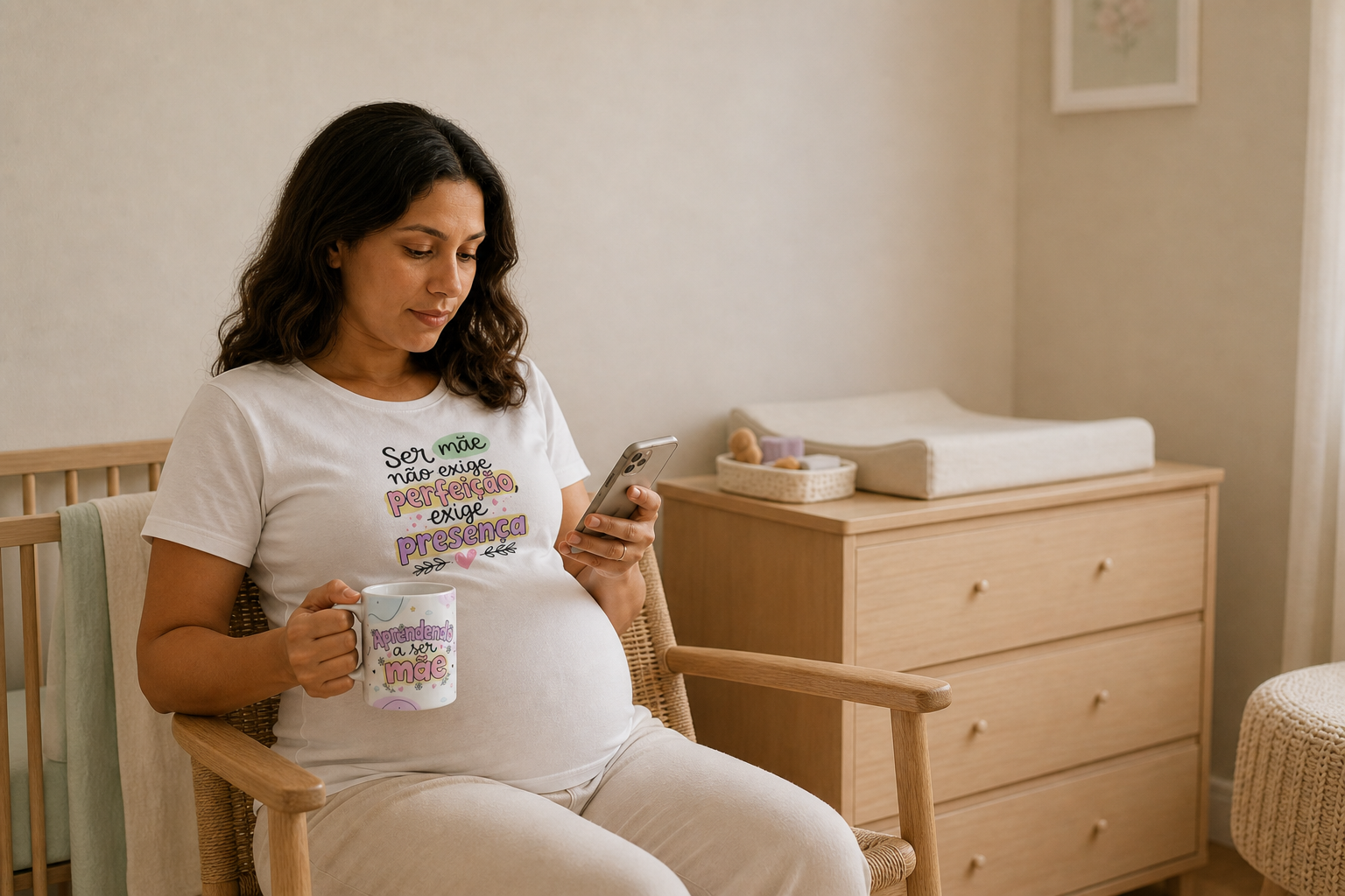 Gestante no quartinho, segurando a caneca da coleção enquanto lê o celular — imagem ilustrativa