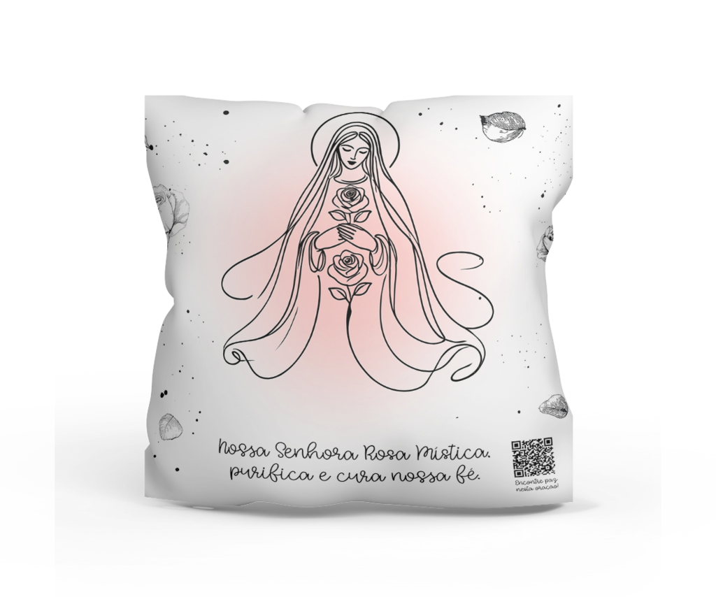 Almofada com arte de Nossa Senhora Rosa Mística e QR Code