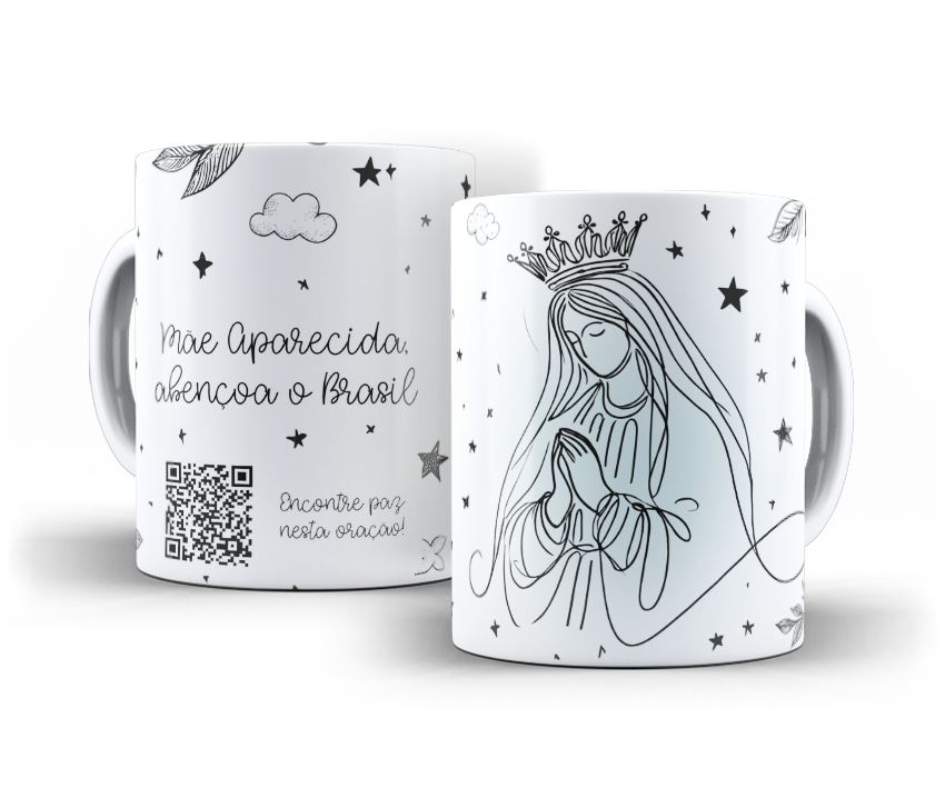 Duas vistas de caneca de Nossa Senhora Aparecida com QR Code