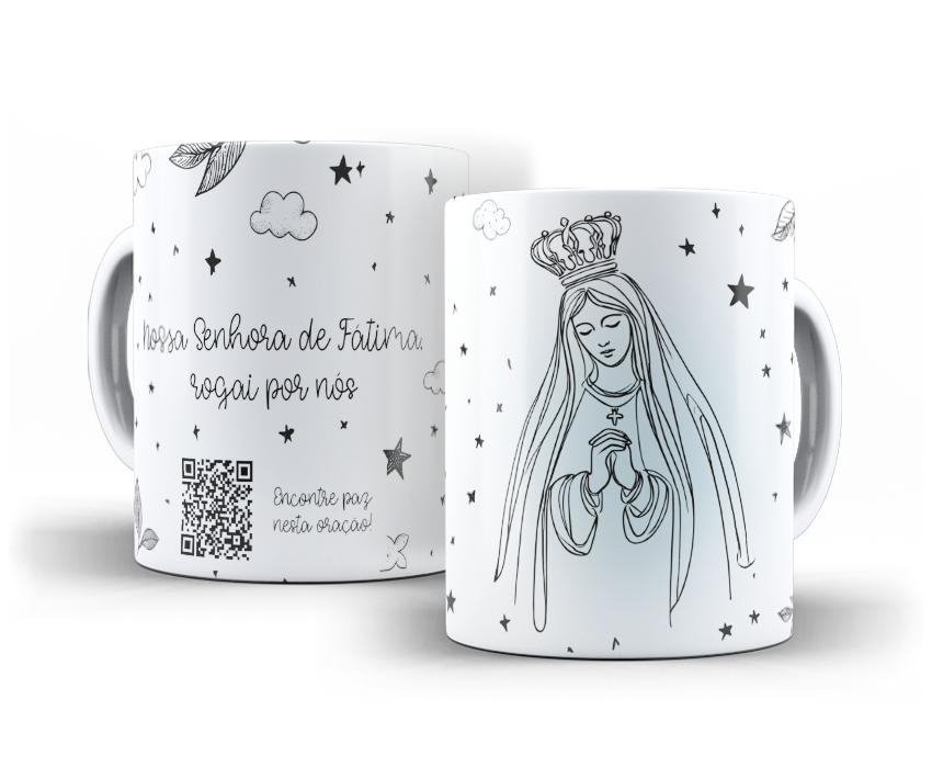 Duas vistas de caneca de Nossa Senhora de Fátima com QR Code