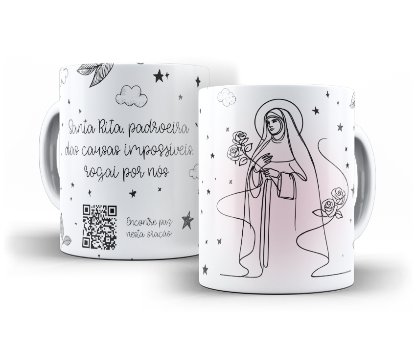 Duas vistas de caneca de Santa Rita com QR Code