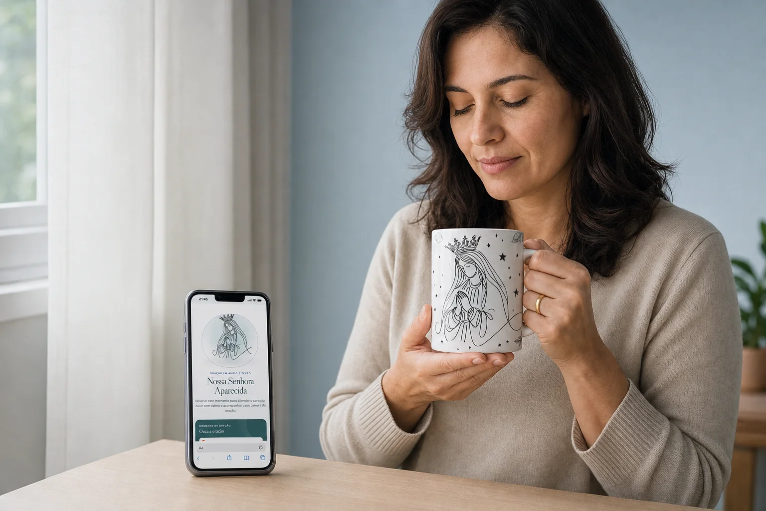 Mulher em um momento de oração, segurando uma caneca com arte mariana ao lado do celular com a oração aberta