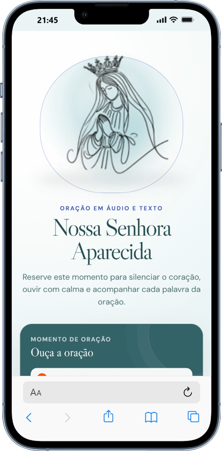 Página de oração de Nossa Senhora Aparecida aberta em um iPhone