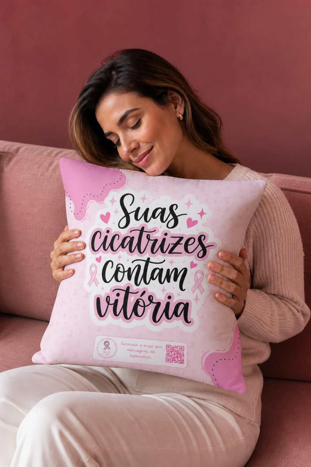Mulher abraçando a almofada Suas cicatrizes contam vitória