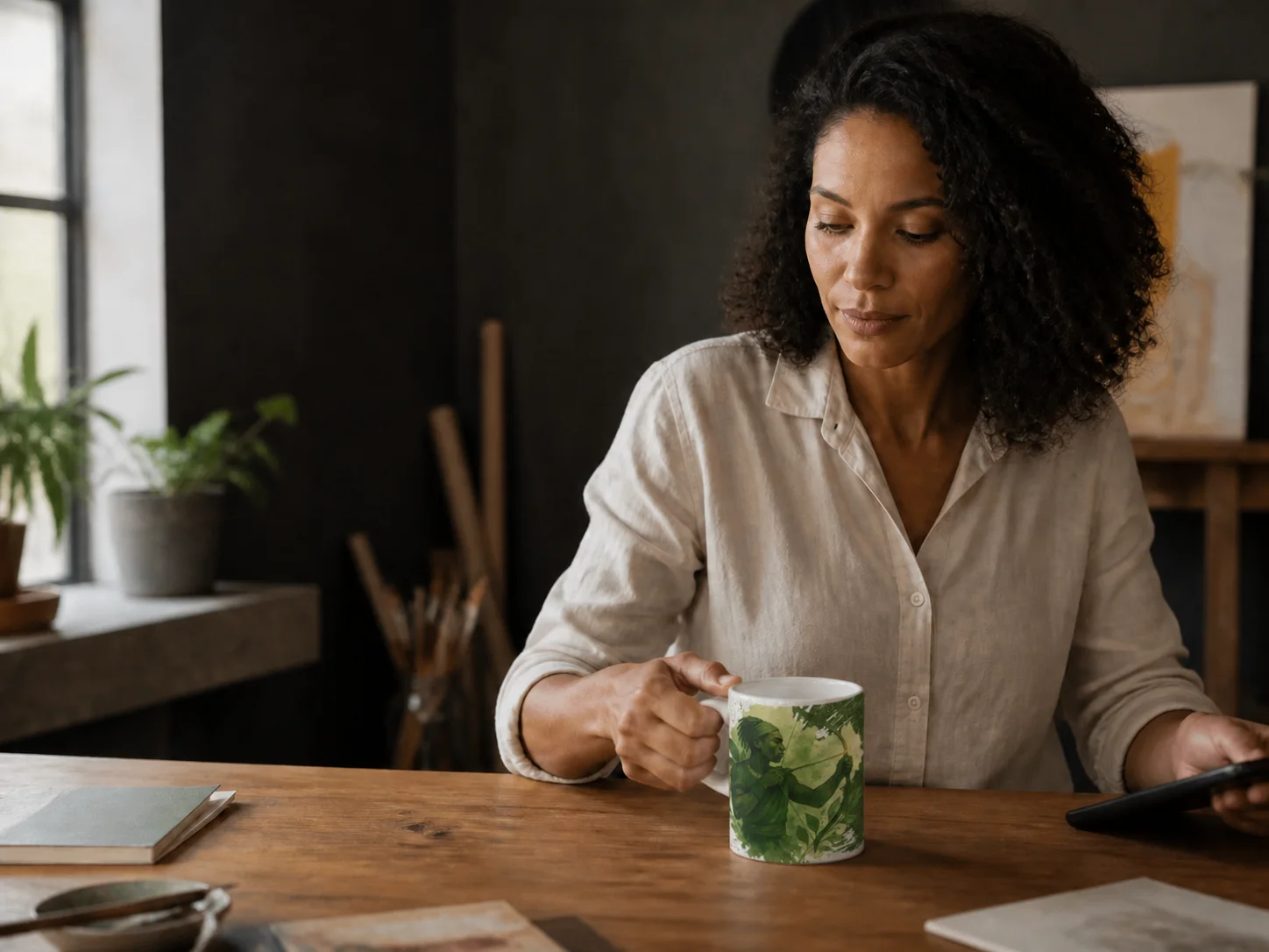 Mulher colocando uma caneca de Oxóssi sobre uma mesa enquanto consulta o celular